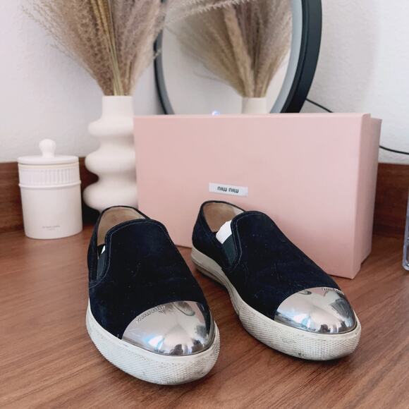 Women's Miu Miu Suede Metal Cap Toe Platform Slip On Sneakers (Black 37) - Picture 1 of 9